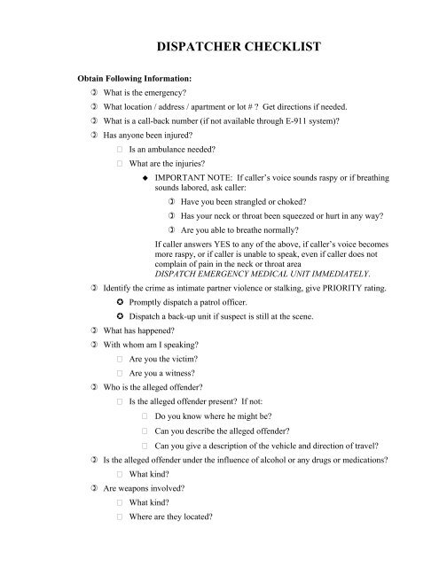 DISPATCHER CHECKLIST - Mark Wynn Consulting