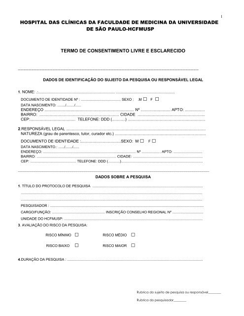 Termo de Consentimento livre e Esclarecido - Hospital das Clínicas ...