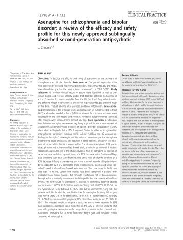 Asenapine for schizophrenia and bipolar disorder: a review of the ...