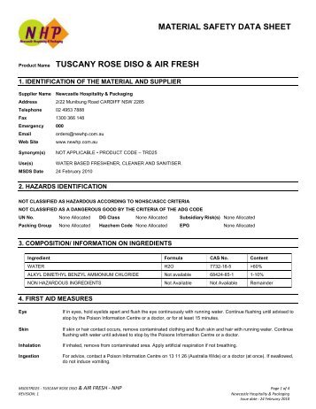 MATERIAL SAFETY DATA SHEET Product Name TUSCANY ROSE ...