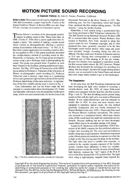 [History of] Motion Picture Sound Recording - Audio Engineering ...