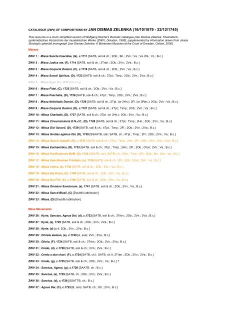(zwv) of compositions by jan dismas zelenka