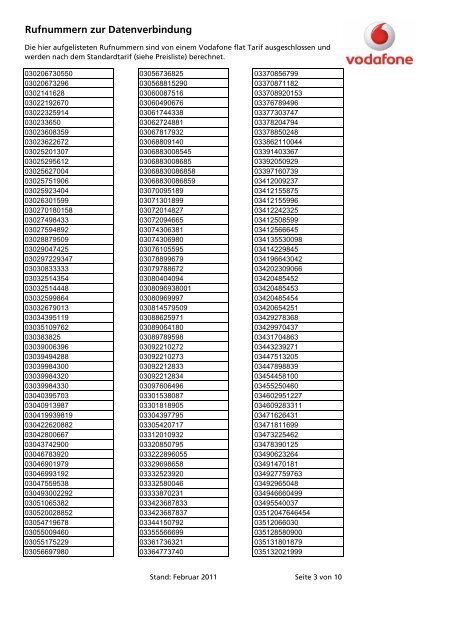 Rufnummern zur Datenverbindung 2011 02