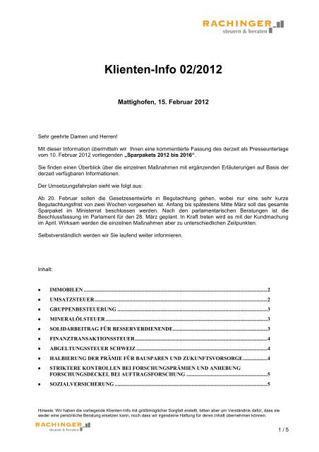 Klienten-Info 02/2012 - RACHINGER