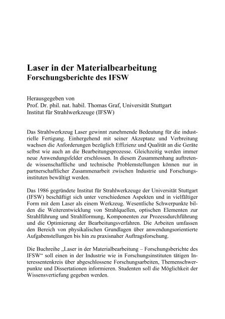 Laser in der Materialbearbeitung Forschungsberichte des IFSW