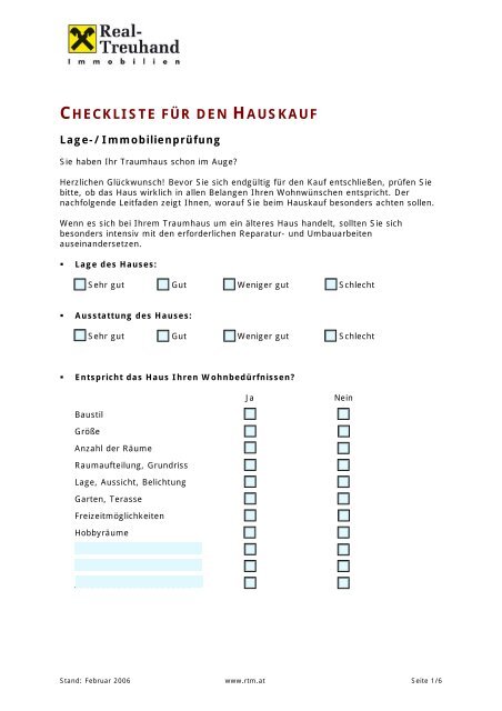 CHECKLISTE FÜR DEN HAUSKAUF - Raiffeisen
