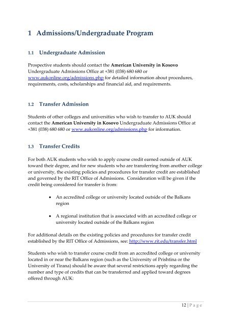 AUK 2011 - 2012 Academic Calendar - American University in Kosovo