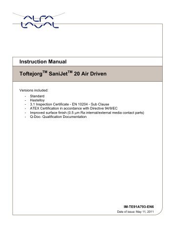 Instruction Manual, Toftejorg SaniJet 20 Air Driven - Alfa Laval