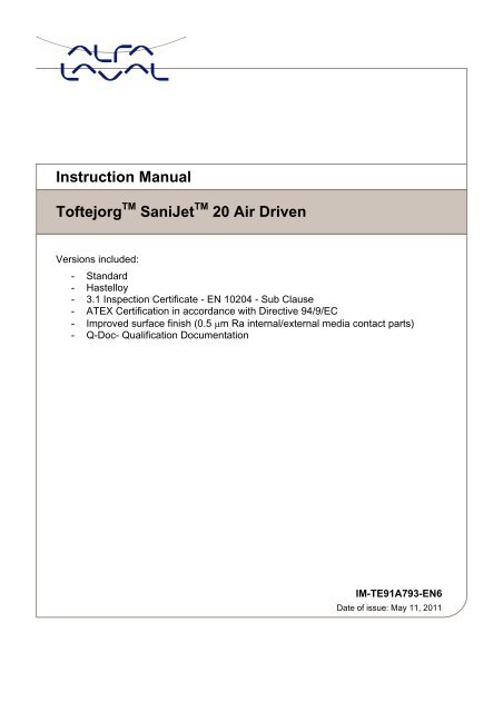 Instruction Manual, Toftejorg SaniJet 20 Air Driven - Alfa Laval