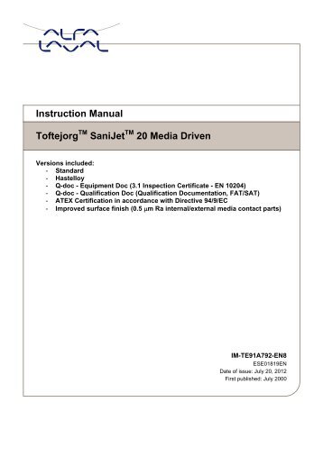 Instruction Manual, Toftejorg SaniJet 20 Media Driven - Alfa Laval
