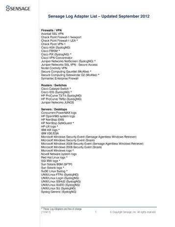 Sensage Log Adapter List – Updated September 2012