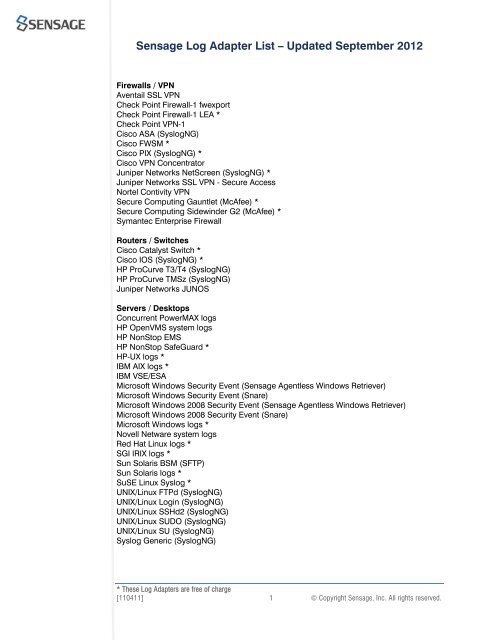 Sensage Log Adapter List – Updated September 2012