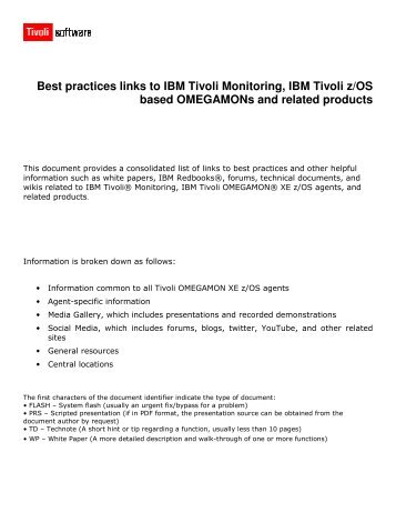 Best practices links to IBM Tivoli Monitoring, IBM Tivoli z/OS based ...