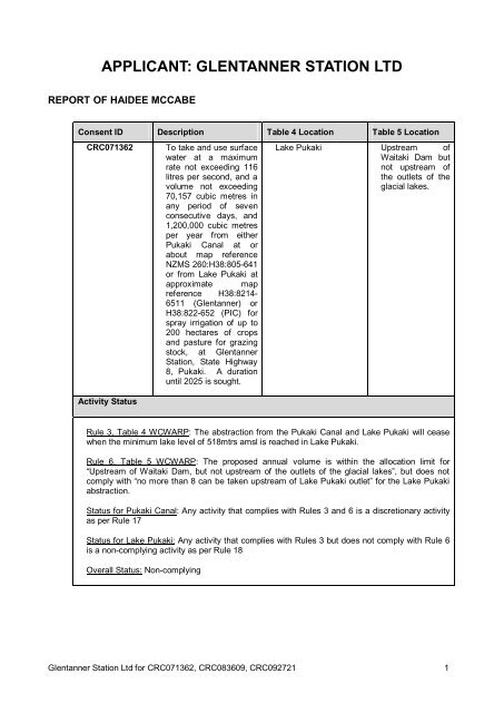 APPLICANT: GLENTANNER STATION LTD - Environment Canterbury