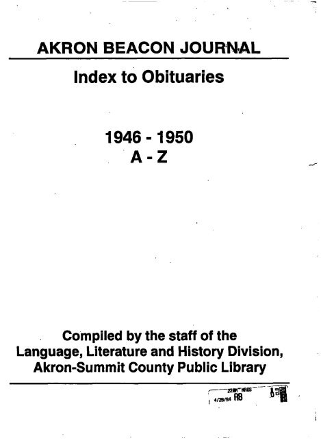Index To Obituaries A Z Akron Summit County Public Library