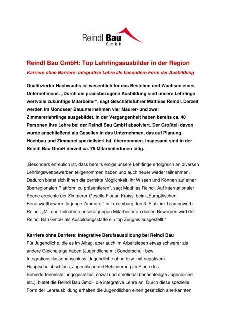 Reindl Bau GmbH: Top Lehrlingsausbilder in der Region