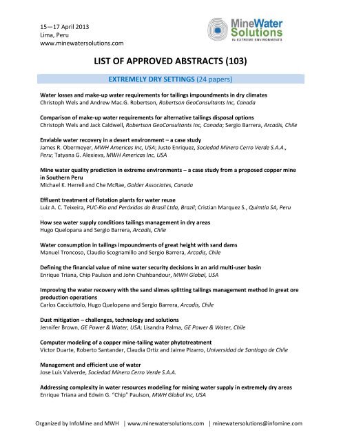 LIST OF APPROVED ABSTRACTS (103) - Mine Water Solutions