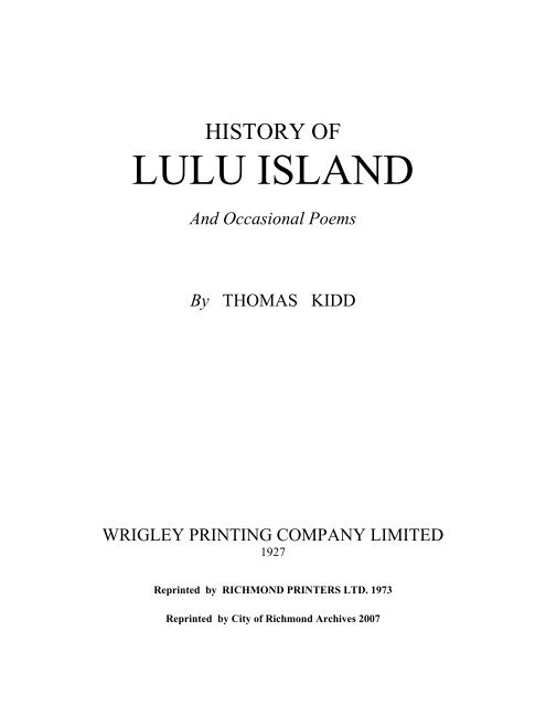 History of Lulu Island by Thomas Kidd - City of Richmond