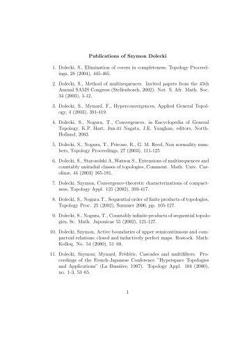 Publications of Szymon Dolecki 1. Dolecki, S., Elimination of covers ...