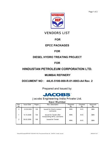 VENDORS LIST HINDUSTAN PETROLEUM CORPORATION LTD.