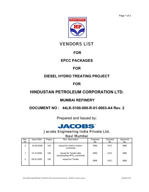 VENDORS LIST HINDUSTAN PETROLEUM CORPORATION LTD.