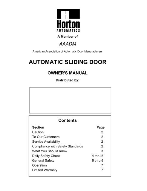 Automatic Sliding Door Owner S Manual, Horton Automatic Sliding Door Parts