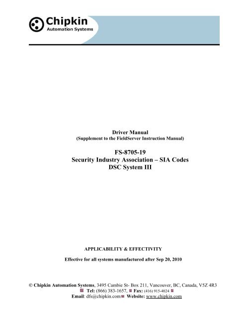 SIA Codes DSC System III - FieldServer Technologies
