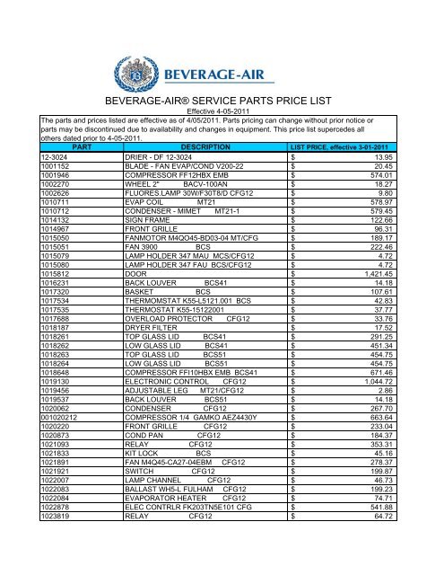 Beverage-Air Service Parts Price List 4-5-2011