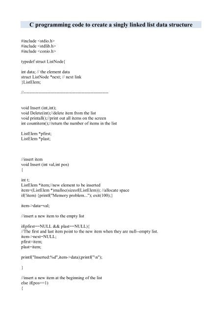 C programming code to create a singly linked list data structure