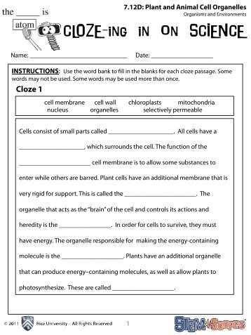 Cloze 2 7.12D: Plant and Animal Cell Organelles