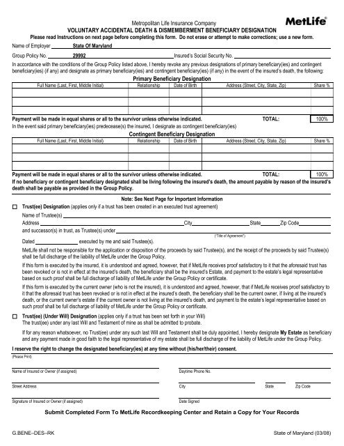 Metlife Ad Amp D Plan Beneficiary Designation Form