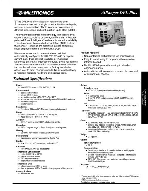 Siemens Milltronics AiRanger DPL Plus Specification Sheet