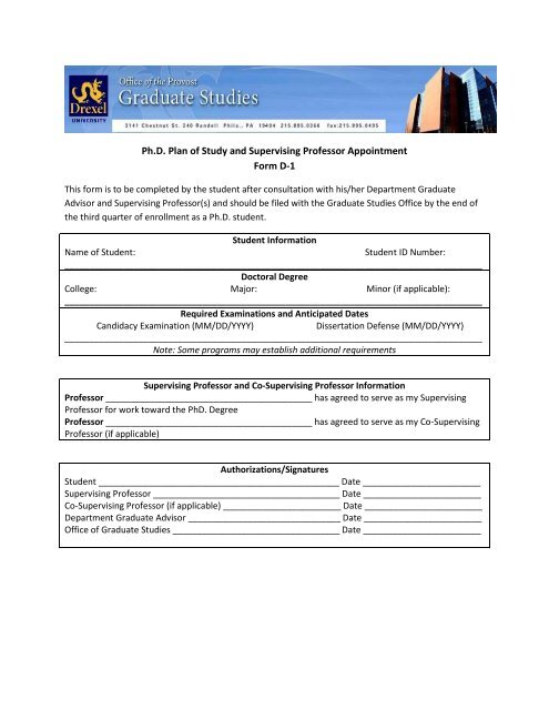 Ph.D. Plan of Study and Supervising Professor Appointment Form D-1