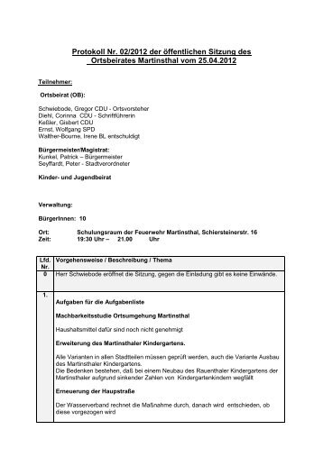 Protokoll Nr. 02/2012 der öffentlichen Sitzung des Ortsbeirates ...