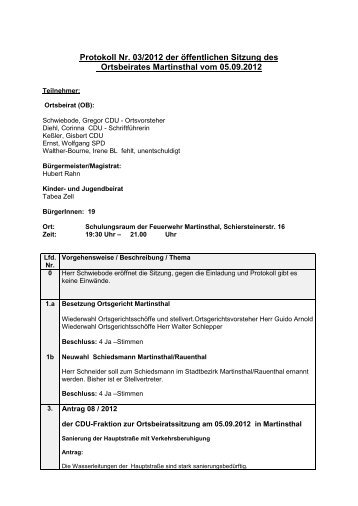 Protokoll Nr. 03/2012 der öffentlichen Sitzung des Ortsbeirates ...