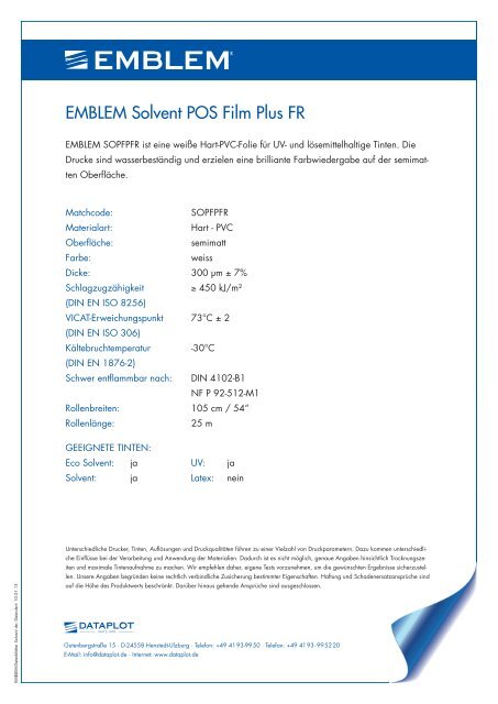 Produkt Datenblatt EMBLEM Solvent POS Film Plus FR
