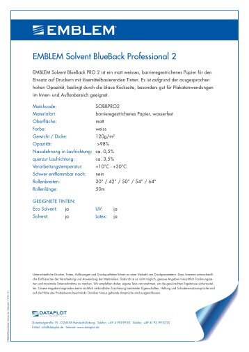 Produkt Datenblatt EMBLEM Solvent BlueBack Professional 2