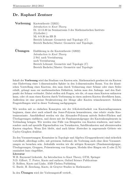 Aktuelles kommentiertes Vorlesungsverzeichnis für das WS 2012