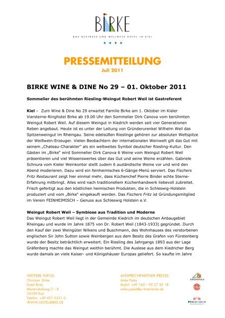 BIRKE WINE & DINE No 29 – 01. Oktober 2011 - Hotel Birke Kiel