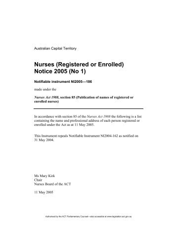 Nurses (Registered or Enrolled) Notice 2005 - ACT Legislation ...