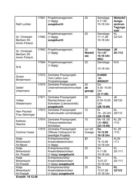 Dozent/in LV- Nr. Thema TN-Zahl Termin Raum Dagmar Boeck ...