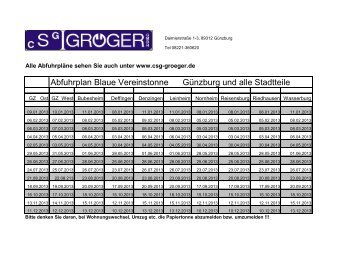 Abfuhrplan Blaue Vereinstonne Günzburg und alle Stadtteile