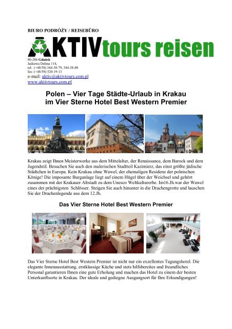 Polen – Vier Tage Städte-Urlaub in Krakau im Vier Sterne Hotel Best ...