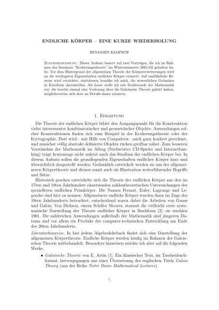 ENDLICHE K¨ORPER – EINE KURZE ... - Mathematics