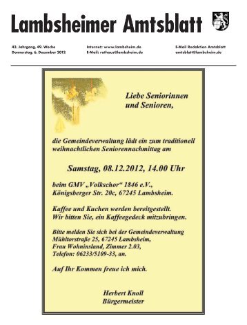 13. Dezember 2012, 18.30 Uhr - Gemeindeverwaltung Lambsheim