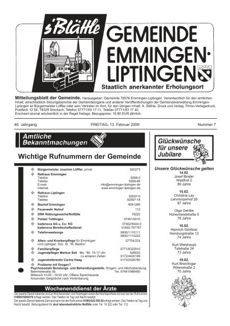 Wichtige Rufnummern der Gemeinde - Emmingen-Liptingen