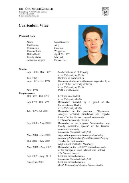 Curriculum Vitae Of Jorg Neunhauserer