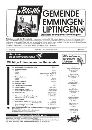 Wichtige Rufnummern der Gemeinde - Emmingen-Liptingen