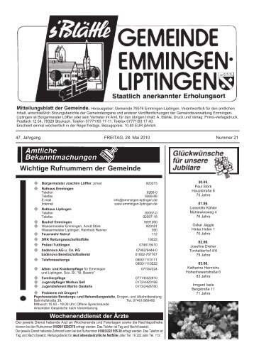 Wichtige Rufnummern der Gemeinde - Emmingen-Liptingen