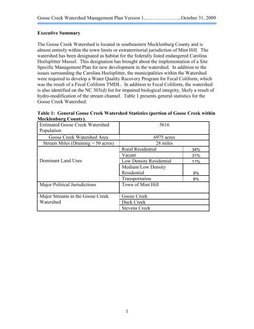 Goose Creek Watershed Management Plan Version - Charlotte ...